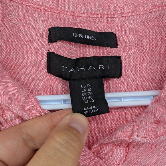 Tahari Women's 1X Plus Size Coral Pink 100% Linen Collared Button Shift Dress - Picture 3 of 5